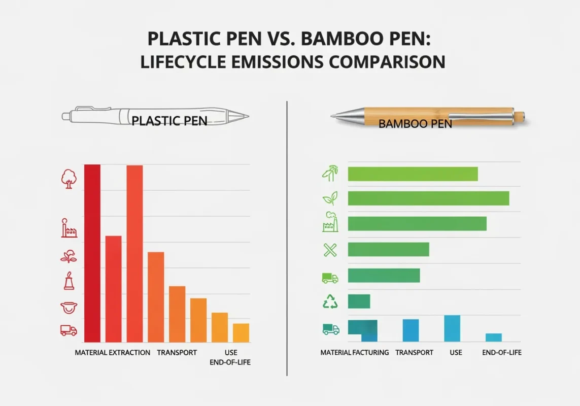 Infografic comparație carbon footprint pix plastic tradițional versus pix bambus eco-friendly - analiza ciclului de viață complet