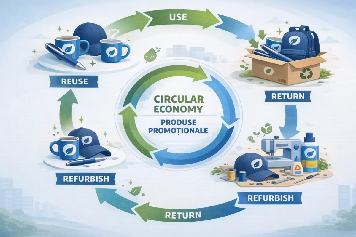 Diagram economie circulară obiecte promoționale - ciclu de viață sustenabil cu returnare și reutilizare
