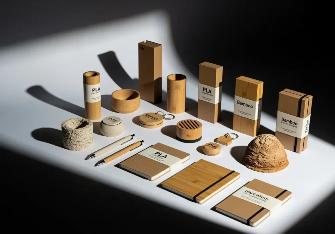Colecție obiecte promoționale din materiale biodegradabile - PLA, bambus, mycelium pentru tendințe eco 2026