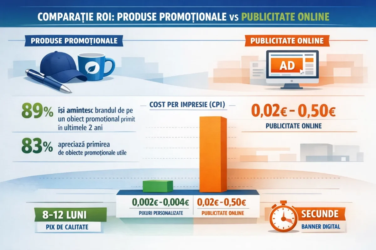 Infografic comparație ROI obiecte promoționale versus publicitate digitală - statistici cost per impresie și durată de viață