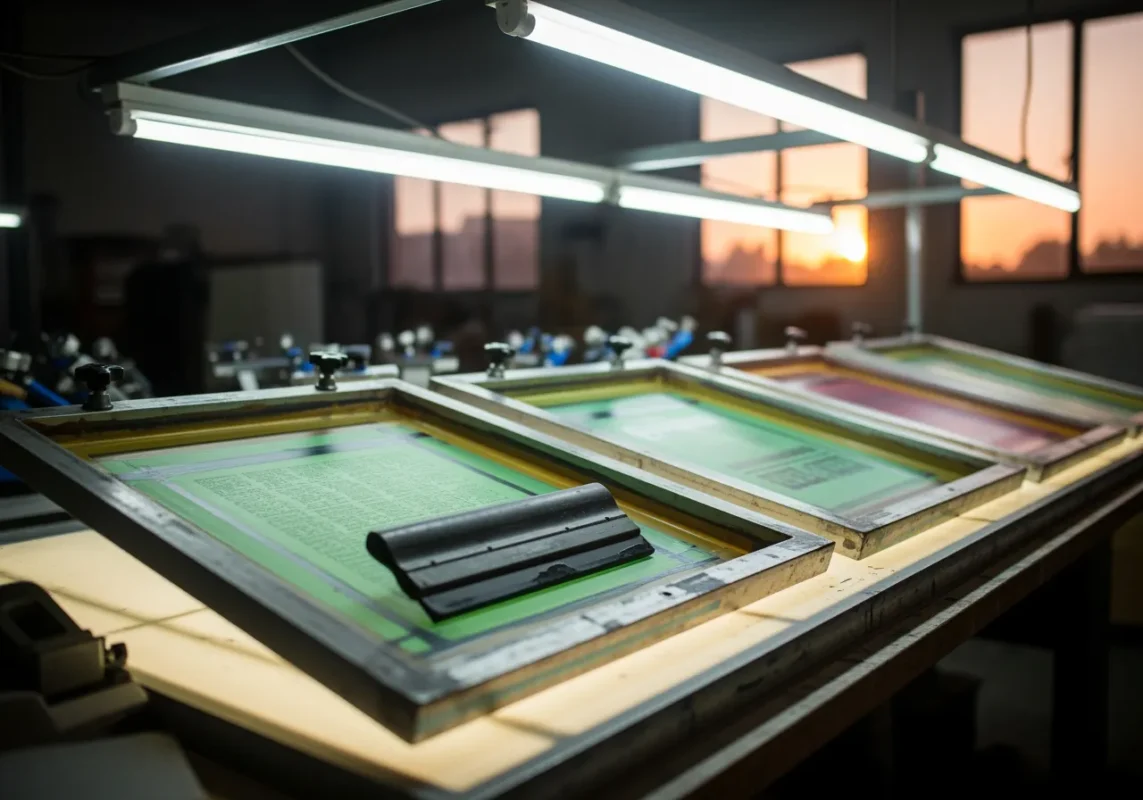 Setup serigrafie pentru obiecte promoționale - ecrane mesh și proces multi-culoare cu raclă