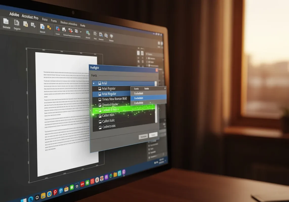 Verificare fonturi încorporate în PDF Adobe Acrobat - asigurarea tipăririi corecte fără substituiri