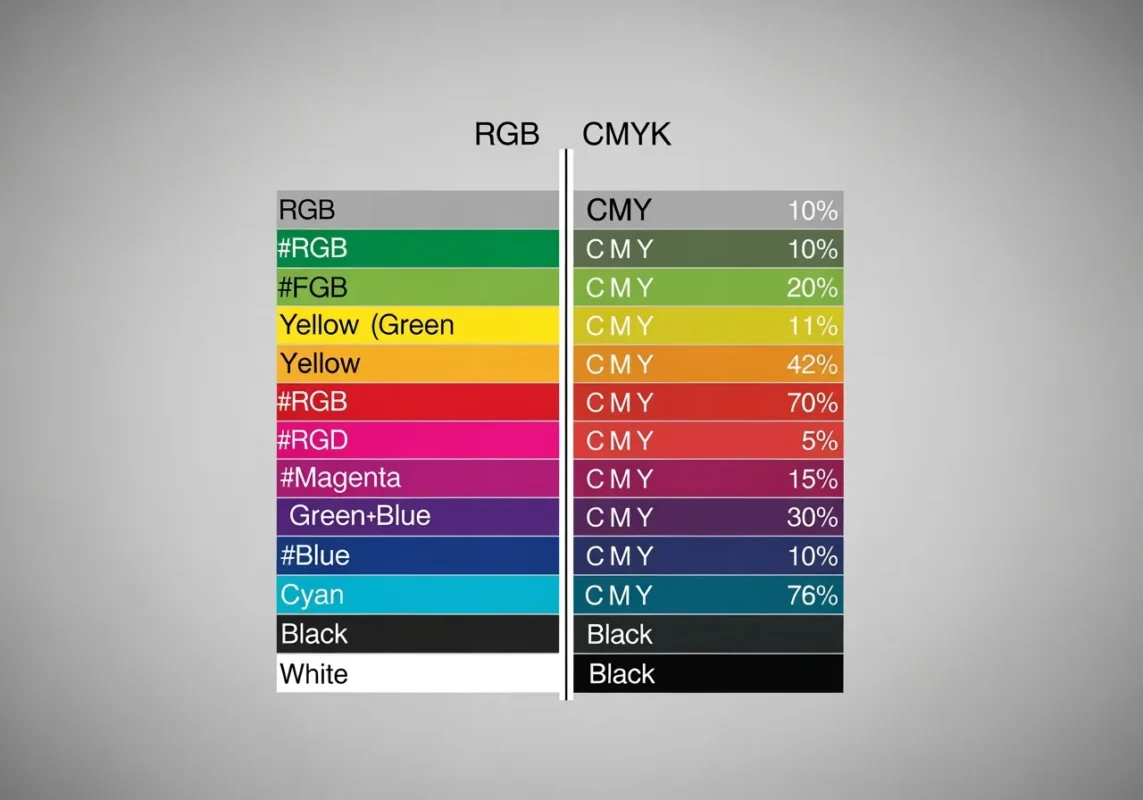 Tabel comparativ culori RGB versus CMYK - diferențe vizibile pentru pregătire corectă fișiere tipărire
