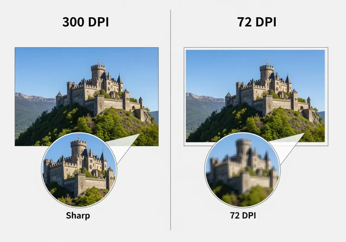 Comparație rezoluție imagine la 72 DPI, 150 DPI și 300 DPI - impact asupra calității tipăririi